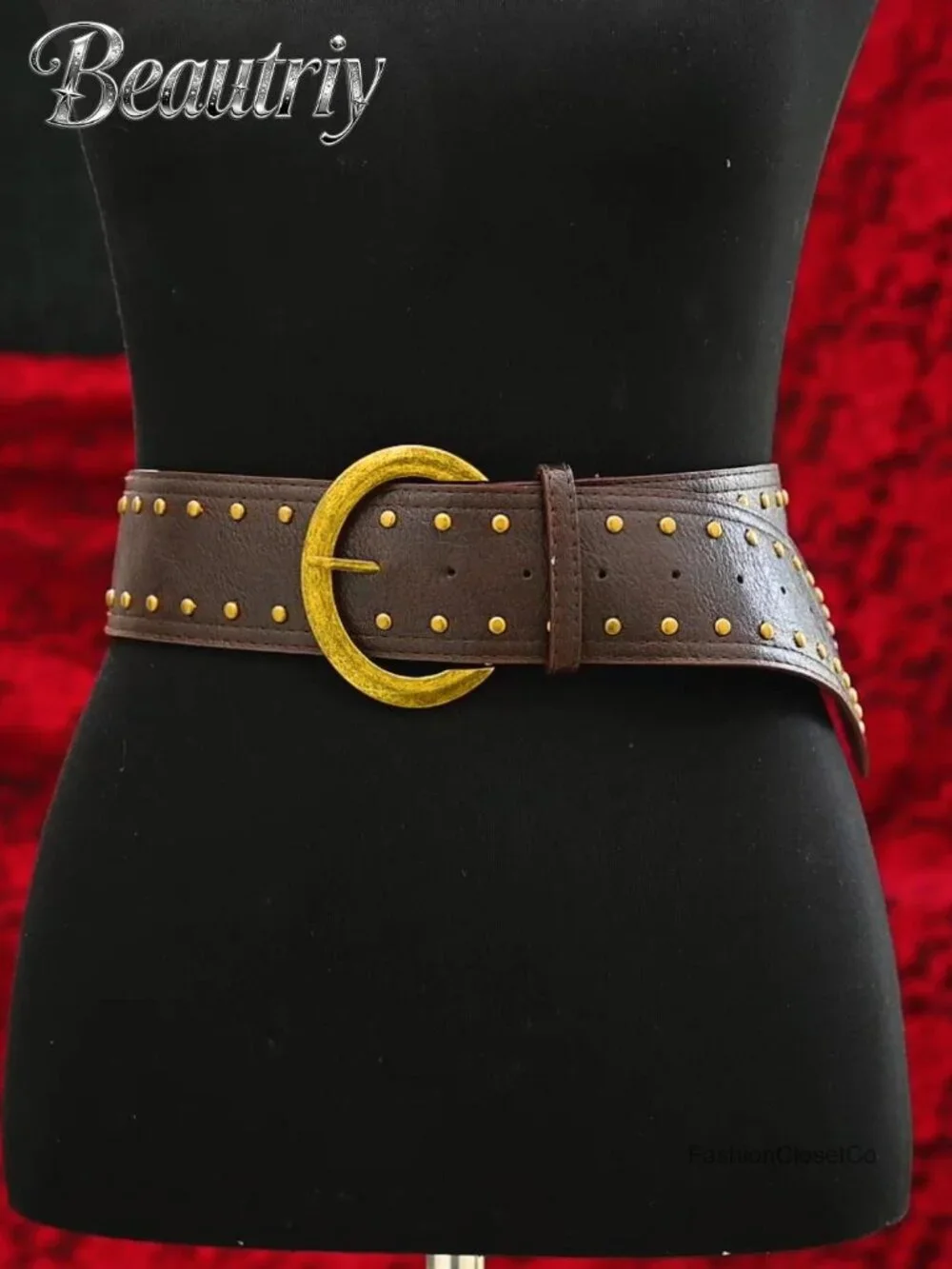 Wide Studded Chunky Leather Belt with Metal Buckle for Women
